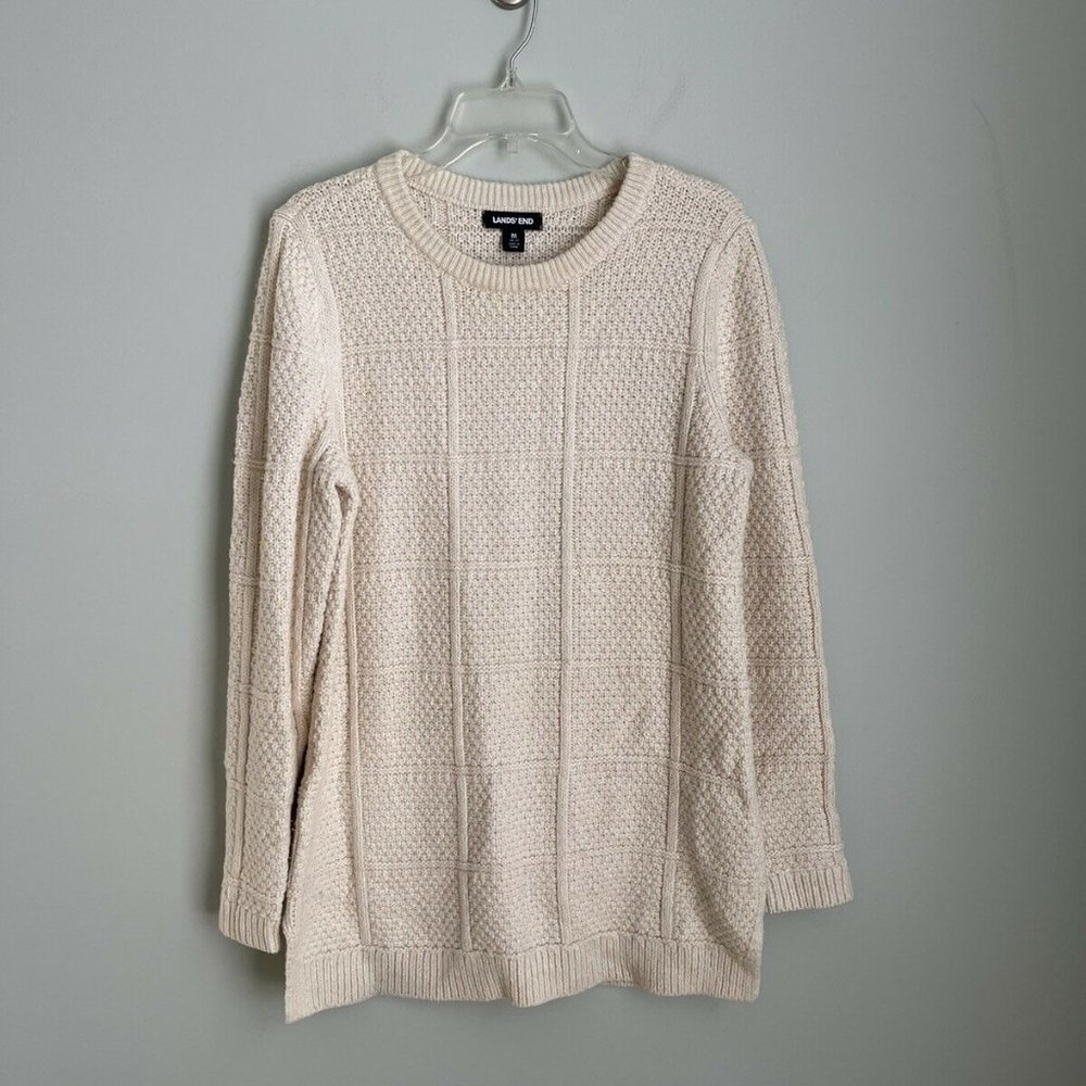 Lands' End Women's Ivory Long Sleeve Wool Blend Fisherman Sweater